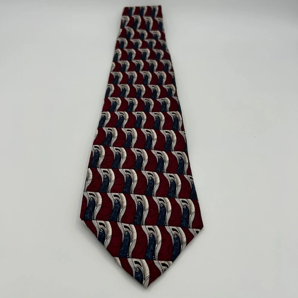Pierre Cardin Necktie Geometric Mens OS Burgundy Silk Vintage Business Retro
